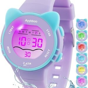 Kids Digital Watches for Girls Boys, 7 Color Lights Waterproof Cute Wristwatches for Kids with Alarm Stopwatch, Great Present for Girls Boys Ages 5-13